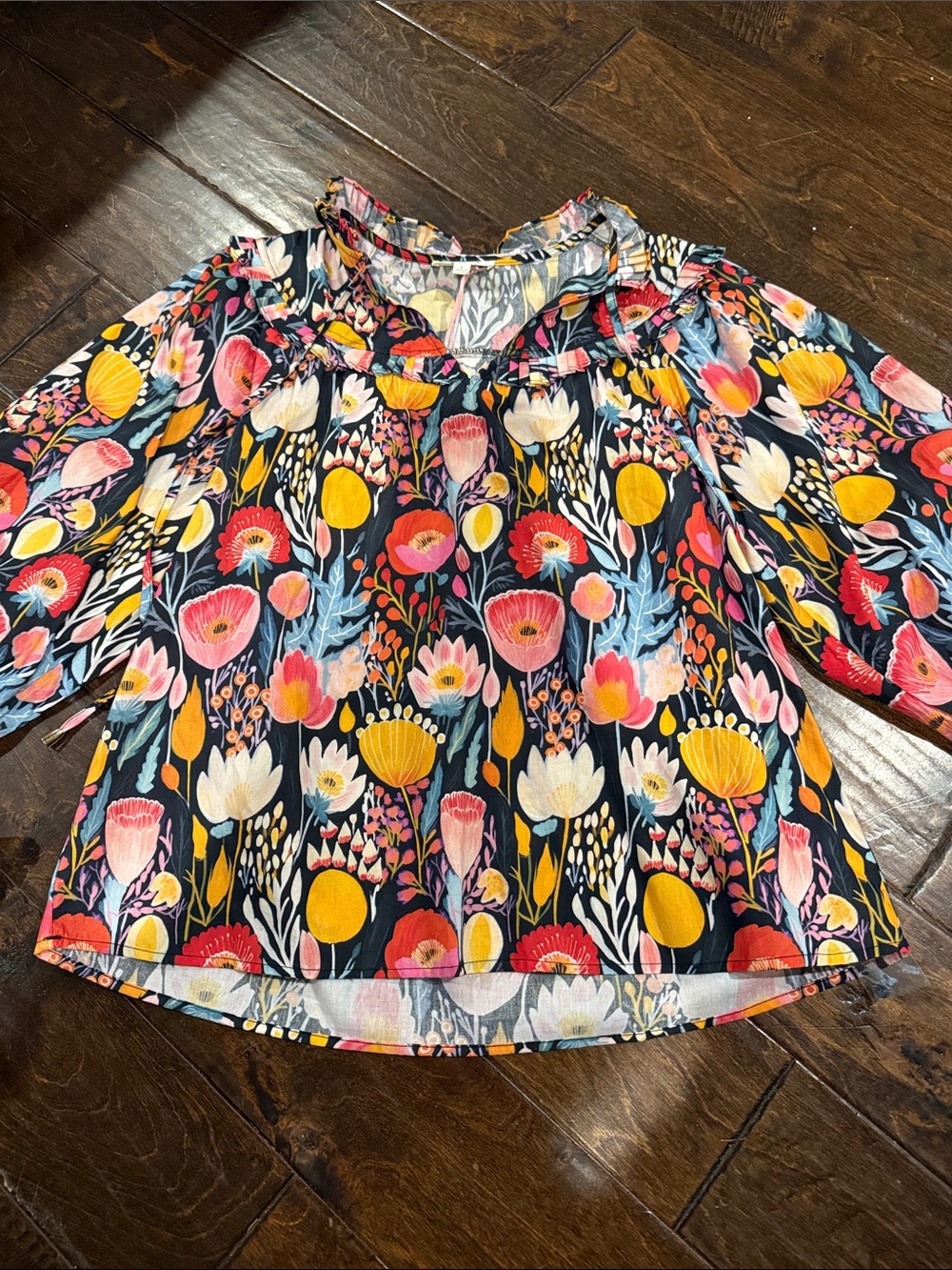 entro Navy Floral Ruffle-Neck Blouse with Pink & Yellow Blooms